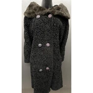 Vtg Wool Coat Women L Black Karakul Lamb Dbl Breast Faux Fur Collar Old Money
